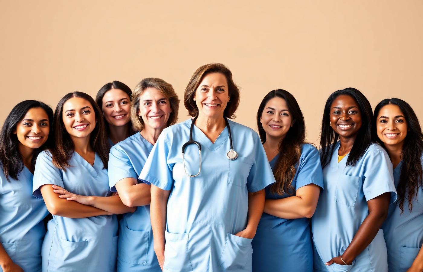 Diverse team of Allegiant HomeCare clinicians in soft blue scrubs