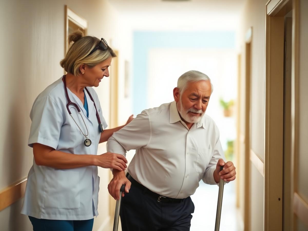 Therapist supporting an older adult with movement at home